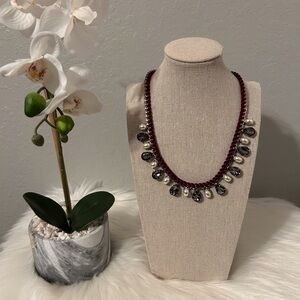 Elegant Silver and Burgundy  Beaded Rope  Necklace NWOT